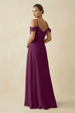 Off - the - Shoulder A - Line Pleated Chiffon Bridesmaid Gown in Fig - SHE IS ME Bridesmaid Dresses