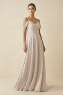 Off - the - Shoulder A - Line Pleated Chiffon Bridesmaid Gown in Frost - SHE IS ME Bridesmaid Dresses