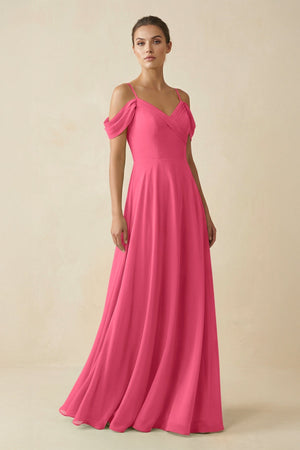 Off - the - Shoulder A - Line Pleated Chiffon Bridesmaid Gown in Fuchsia - SHE IS ME Bridesmaid Dresses