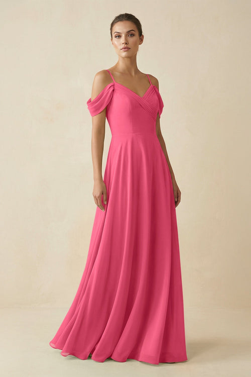 Off - the - Shoulder A - Line Pleated Chiffon Bridesmaid Gown in Fuchsia - SHE IS ME Bridesmaid Dresses