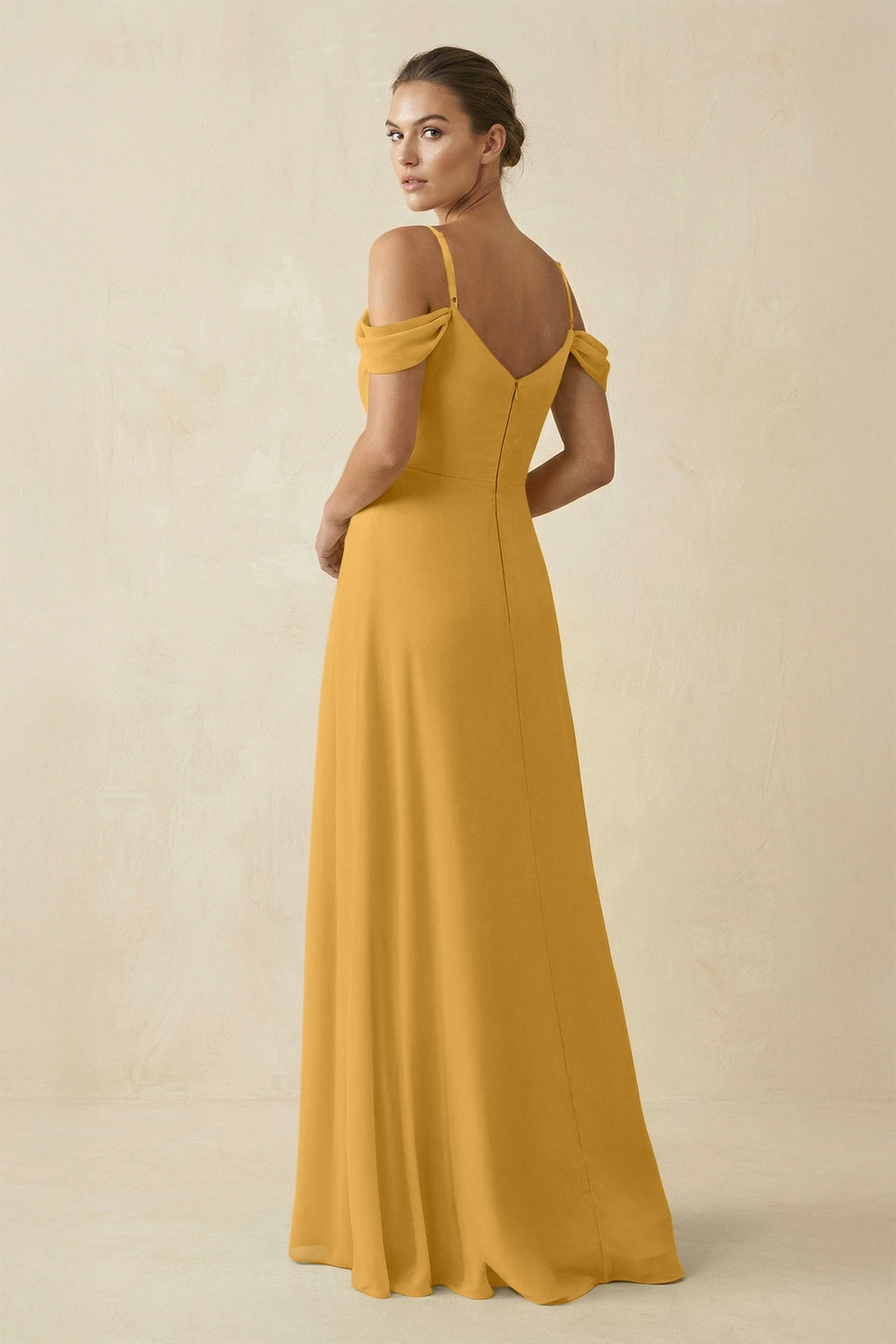 Off - the - Shoulder A - Line Pleated Chiffon Bridesmaid Gown in Marigold - SHE IS ME Bridesmaid Dresses