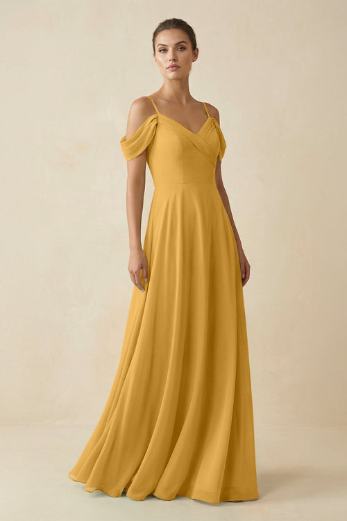Off - the - Shoulder A - Line Pleated Chiffon Bridesmaid Gown in Marigold - SHE IS ME Bridesmaid Dresses