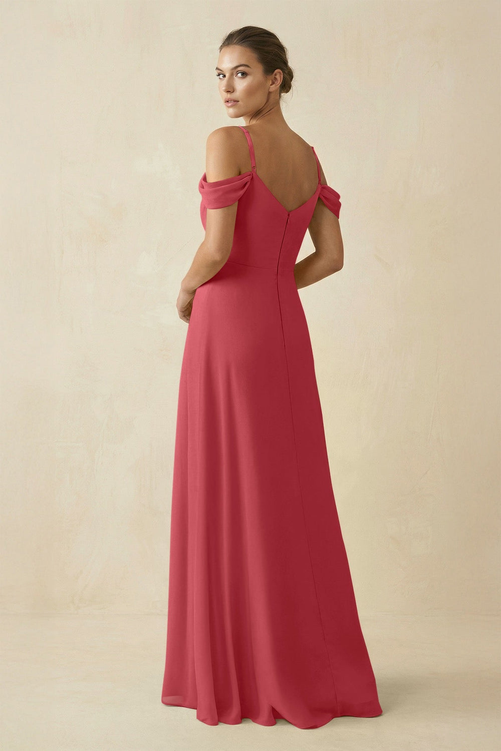 Off - the - Shoulder A - Line Pleated Chiffon Bridesmaid Gown in Merlot - SHE IS ME Bridesmaid Dresses