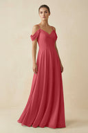 Off - the - Shoulder A - Line Pleated Chiffon Bridesmaid Gown in Merlot - SHE IS ME Bridesmaid Dresses