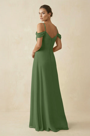 Off - the - Shoulder A - Line Pleated Chiffon Bridesmaid Gown in Moss - SHE IS ME Bridesmaid Dresses