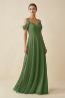 Off - the - Shoulder A - Line Pleated Chiffon Bridesmaid Gown in Moss - SHE IS ME Bridesmaid Dresses