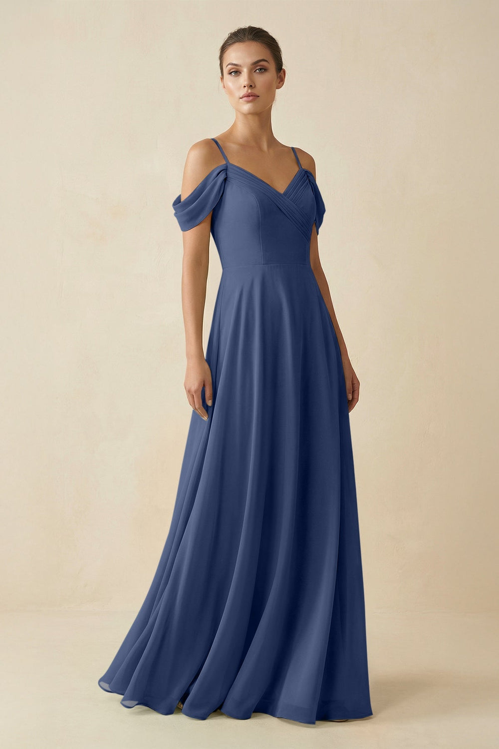 Off - the - Shoulder A - Line Pleated Chiffon Bridesmaid Gown in Navy - SHE IS ME Bridesmaid Dresses
