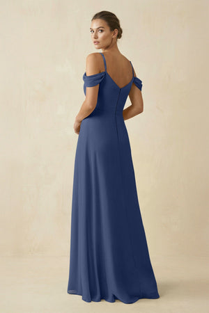 Off - the - Shoulder A - Line Pleated Chiffon Bridesmaid Gown in Navy - SHE IS ME Bridesmaid Dresses