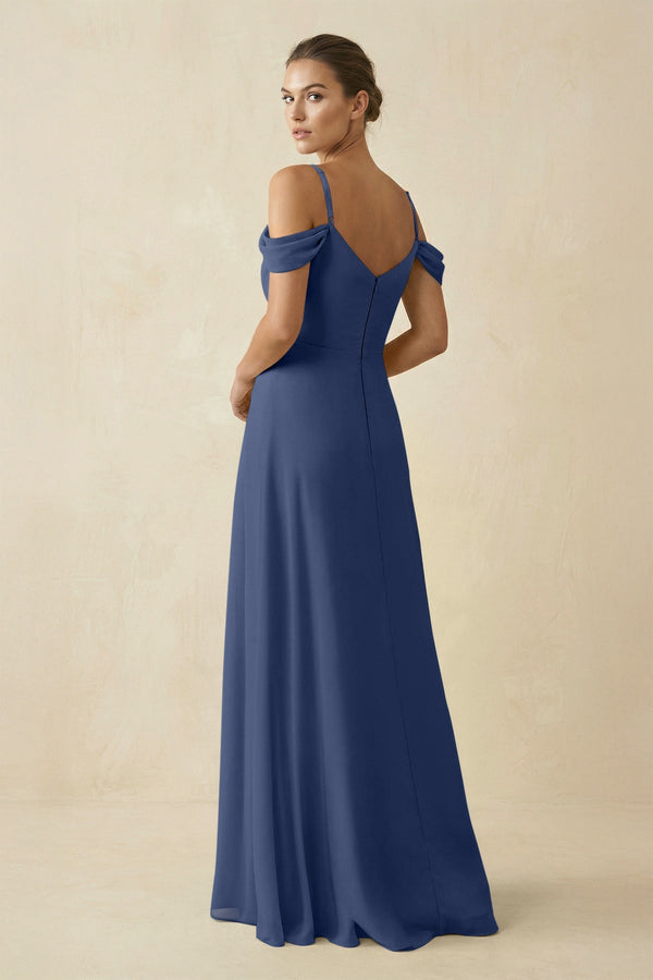 Off - the - Shoulder A - Line Pleated Chiffon Bridesmaid Gown in Navy - SHE IS ME Bridesmaid Dresses