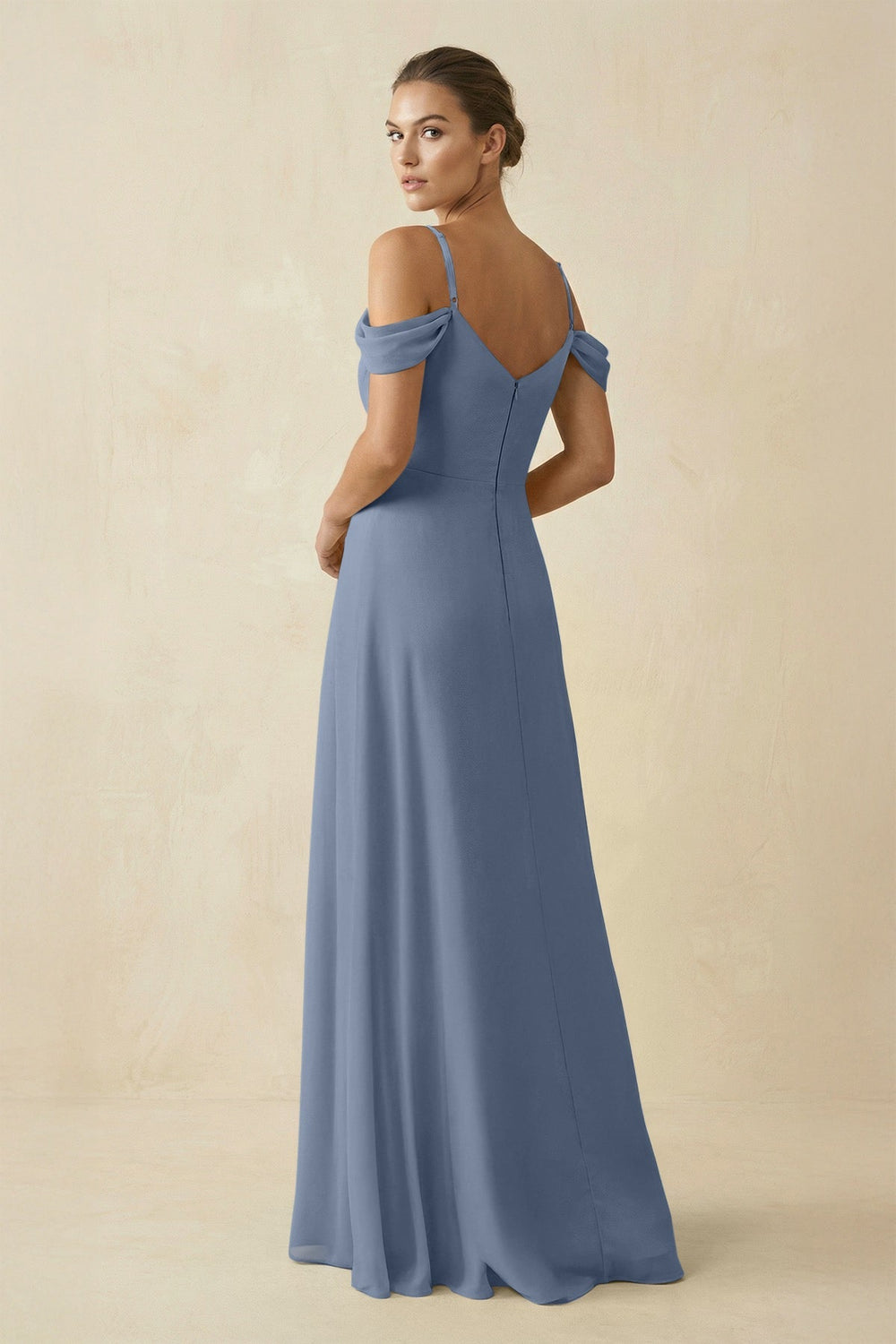 Off - the - Shoulder A - Line Pleated Chiffon Bridesmaid Gown in Neptune - SHE IS ME Bridesmaid Dresses
