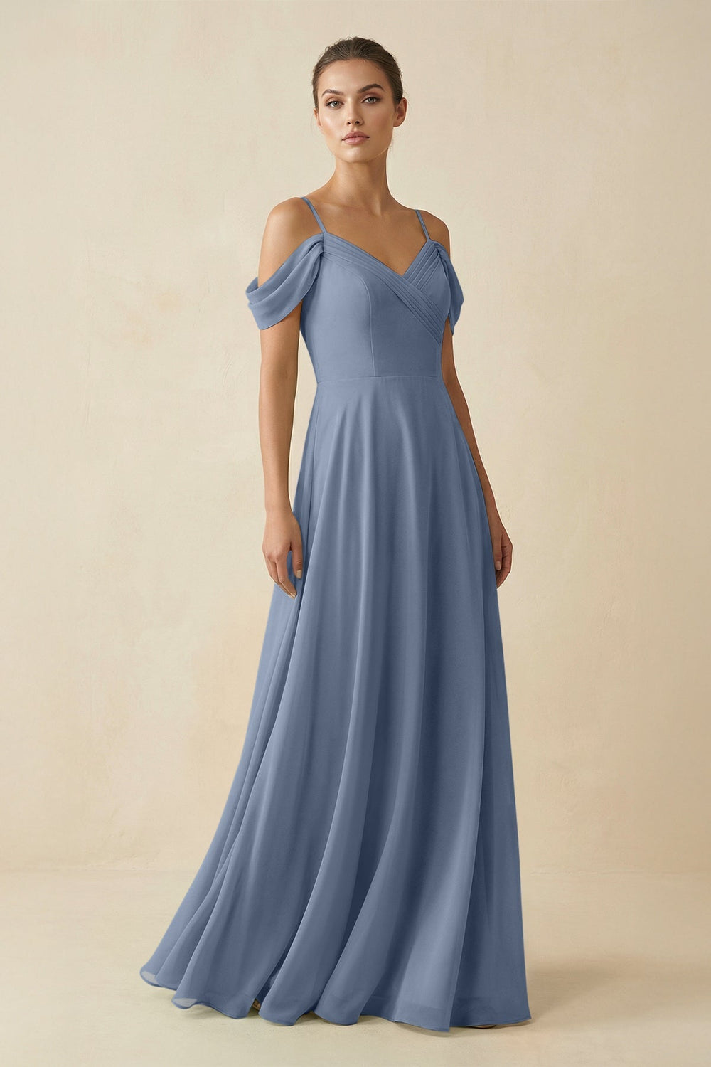 Off - the - Shoulder A - Line Pleated Chiffon Bridesmaid Gown in Neptune - SHE IS ME Bridesmaid Dresses