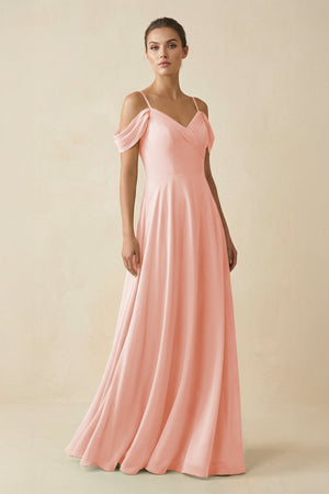 Off - the - Shoulder A - Line Pleated Chiffon Bridesmaid Gown in Rose Petal - SHE IS ME Bridesmaid Dresses