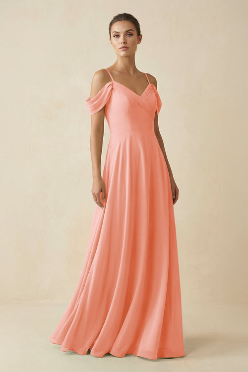 Off - the - Shoulder A - Line Pleated Chiffon Bridesmaid Gown in Rosette - SHE IS ME Bridesmaid Dresses