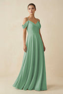 Off - the - Shoulder A - Line Pleated Chiffon Bridesmaid Gown in Sea Glass - SHE IS ME Bridesmaid Dresses