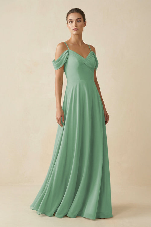 Off - the - Shoulder A - Line Pleated Chiffon Bridesmaid Gown in Sea Glass - SHE IS ME Bridesmaid Dresses