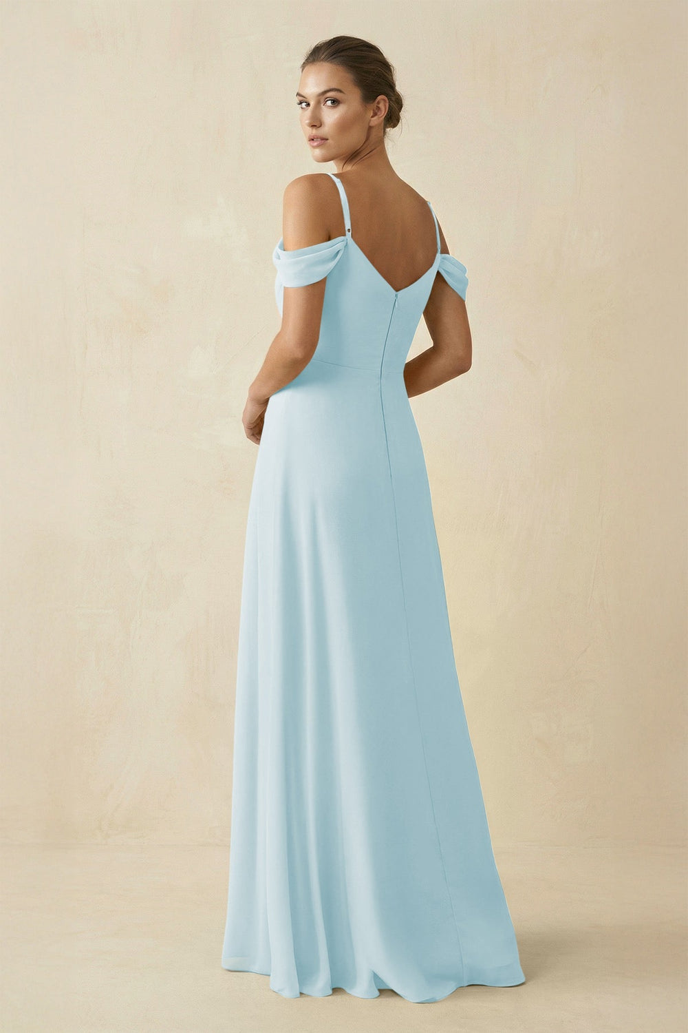 Off - the - Shoulder A - Line Pleated Chiffon Bridesmaid Gown in Sky Blue - SHE IS ME Bridesmaid Dresses