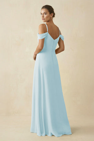 Off - the - Shoulder A - Line Pleated Chiffon Bridesmaid Gown in Sky Blue - SHE IS ME Bridesmaid Dresses
