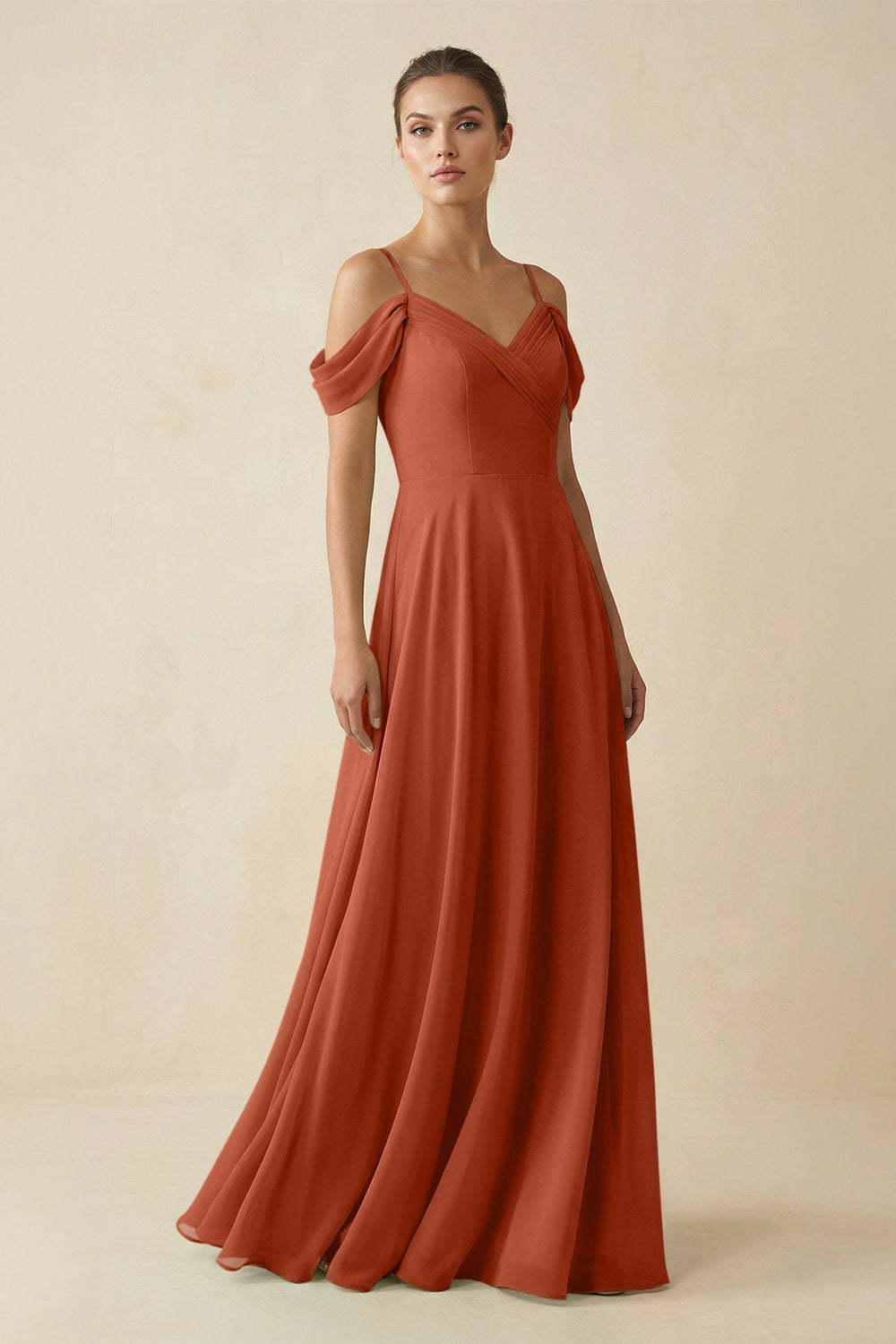 Off - the - Shoulder A - Line Pleated Chiffon Bridesmaid Gown in Spice - SHE IS ME Bridesmaid Dresses