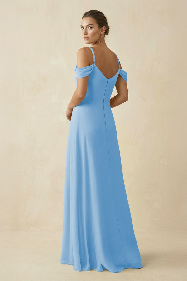 Off - the - Shoulder A - Line Pleated Chiffon Bridesmaid Gown in Steel Blue - SHE IS ME Bridesmaid Dresses
