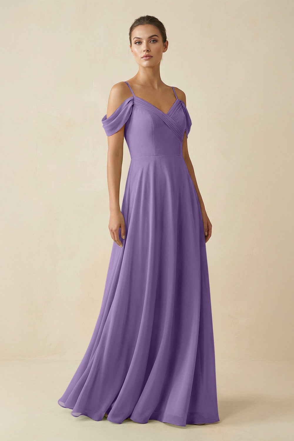Off - the - Shoulder A - Line Pleated Chiffon Bridesmaid Gown in Tahiti - SHE IS ME Bridesmaid Dresses