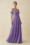 Off - the - Shoulder A - Line Pleated Chiffon Bridesmaid Gown in Tahiti - SHE IS ME Bridesmaid Dresses