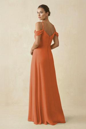 Off - the - Shoulder A - Line Pleated Chiffon Bridesmaid Gown in Terracotta - SHE IS ME Bridesmaid Dresses