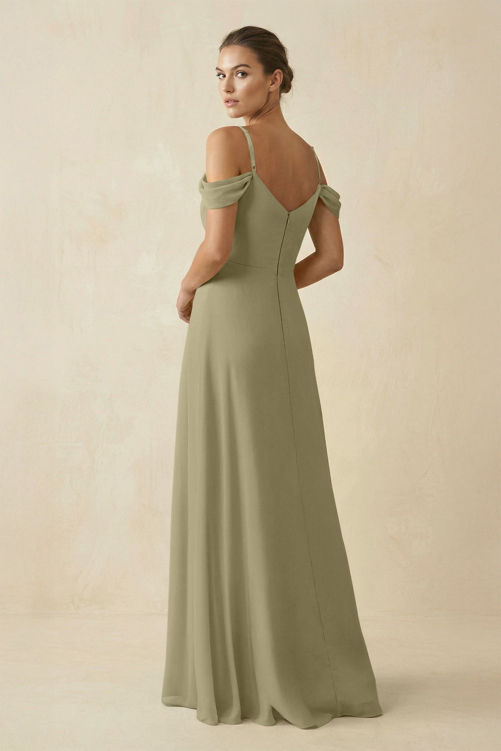 Off - the - Shoulder A - Line Pleated Chiffon Bridesmaid Gown in Thyme - SHE IS ME Bridesmaid Dresses