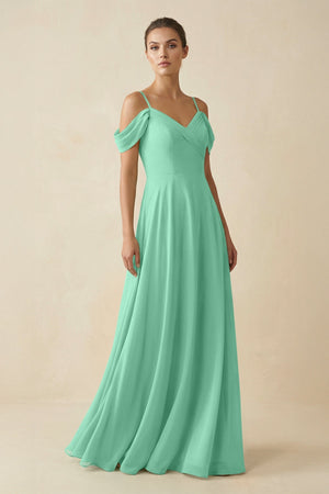 Off - the - Shoulder A - Line Pleated Chiffon Bridesmaid Gown in Turquoise - SHE IS ME Bridesmaid Dresses