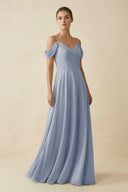 Off - the - Shoulder A - Line Pleated Chiffon Bridesmaid Gown in Twilight - SHE IS ME Bridesmaid Dresses