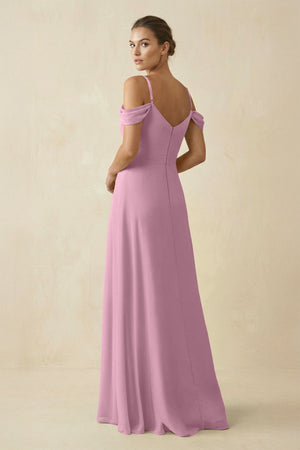 Off - the - Shoulder A - Line Pleated Chiffon Bridesmaid Gown in Vintage Mauve - SHE IS ME Bridesmaid Dresses