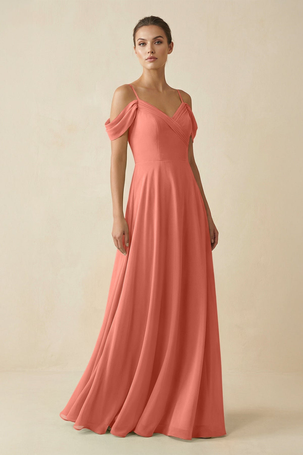 Off - the - Shoulder A - Line Pleated Chiffon Bridesmaid Gown in Wild Rose - SHE IS ME Bridesmaid Dresses