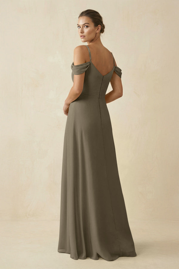 Off - the - Shoulder A - Line Pleated Chiffon Bridesmaid Gown in Willow Green - SHE IS ME Bridesmaid Dresses