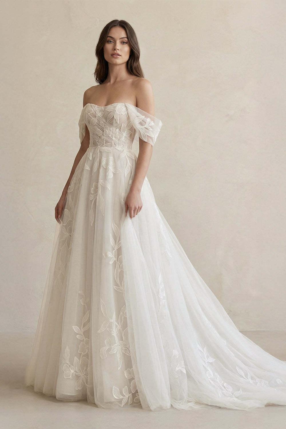 Off The Shoulder A Line Tulle Wedding Dress With Appliques in Ivory - SHE IS ME Wedding Dresses