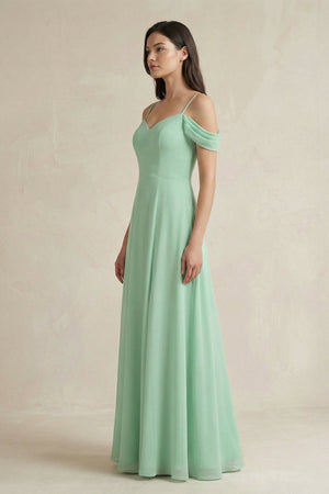 Off-the-Shoulder Chiffon A-Line Bridesmaid Dress in Pale Pistachio - SHE IS ME BRIDESMAID DRESSES