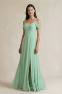 Off-the-Shoulder Chiffon A-Line Bridesmaid Dress in Pale Pistachio - SHE IS ME BRIDESMAID DRESSES