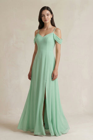 Off-the-Shoulder Chiffon A-Line Bridesmaid Dress in Pale Pistachio - SHE IS ME BRIDESMAID DRESSES