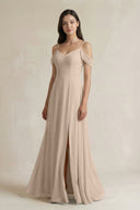 Off - the - Shoulder Chiffon A - Line Bridesmaid Dress in Almond - SHE IS ME Bridesmaid Dresses