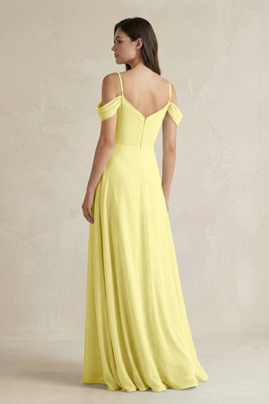 Off - the - Shoulder Chiffon A - Line Bridesmaid Dress in Buttercup - SHE IS ME Bridesmaid Dresses