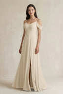 Off - the - Shoulder Chiffon A - Line Bridesmaid Dress in Champagne - SHE IS ME Bridesmaid Dresses