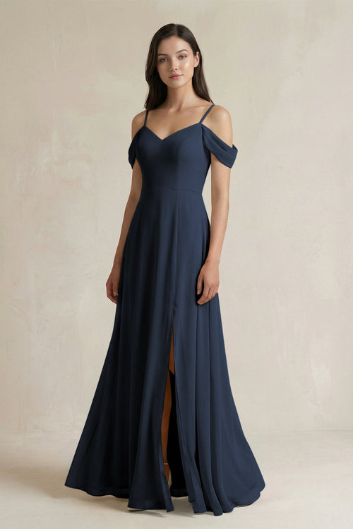 Off - the - Shoulder Chiffon A - Line Bridesmaid Dress in Dark Navy - SHE IS ME Bridesmaid Dresses
