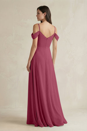 Off - the - Shoulder Chiffon A - Line Bridesmaid Dress in Desert Rose - SHE IS ME Bridesmaid Dresses