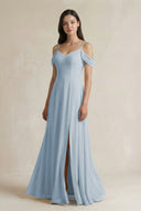 Off - the - Shoulder Chiffon A - Line Bridesmaid Dress in Dusty Blue - SHE IS ME Bridesmaid Dresses