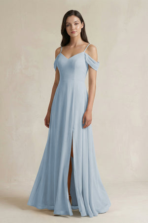 Off - the - Shoulder Chiffon A - Line Bridesmaid Dress in Dusty Blue - SHE IS ME Bridesmaid Dresses