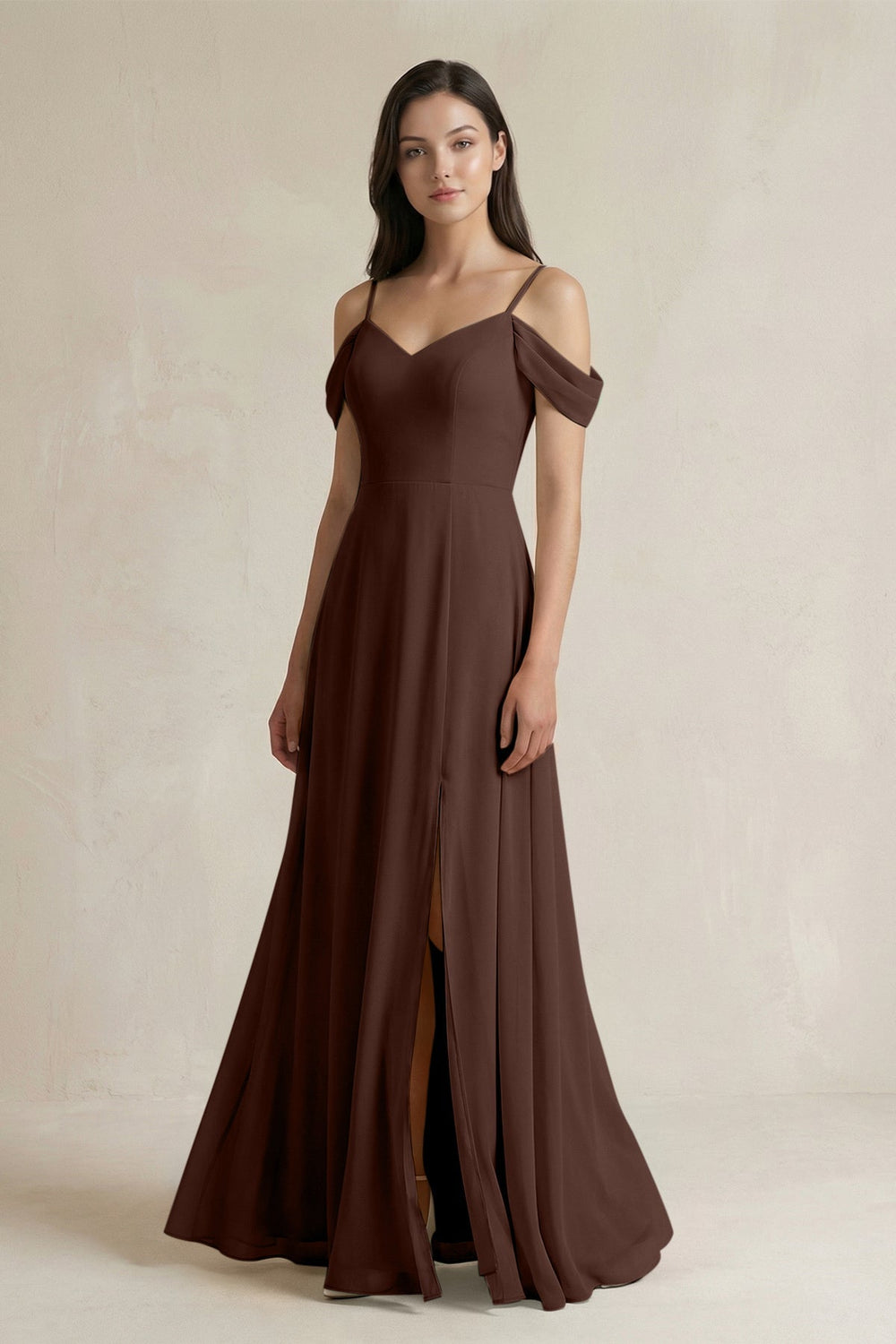 Off - the - Shoulder Chiffon A - Line Bridesmaid Dress in Espresso - SHE IS ME Bridesmaid Dresses