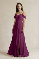 Off - the - Shoulder Chiffon A - Line Bridesmaid Dress in Fig - SHE IS ME Bridesmaid Dresses