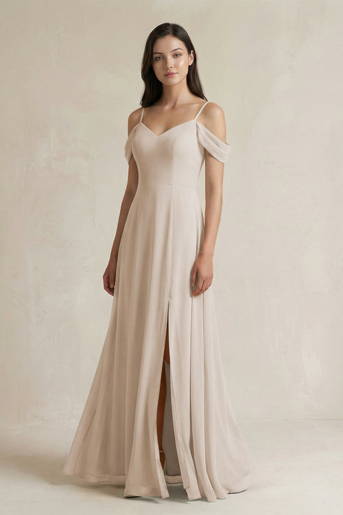 Off - the - Shoulder Chiffon A - Line Bridesmaid Dress in Frost - SHE IS ME Bridesmaid Dresses