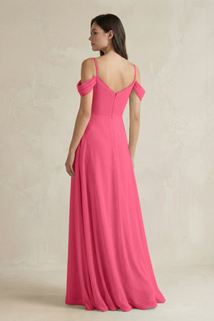 Off - the - Shoulder Chiffon A - Line Bridesmaid Dress in Fuchsia - SHE IS ME Bridesmaid Dresses