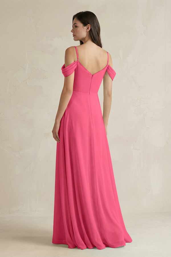Off - the - Shoulder Chiffon A - Line Bridesmaid Dress in Fuchsia - SHE IS ME Bridesmaid Dresses