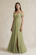 Off - the - Shoulder Chiffon A - Line Bridesmaid Dress in Moss Green - SHE IS ME Bridesmaid Dresses