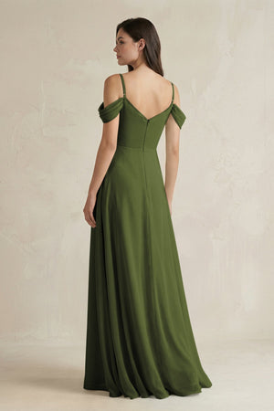 Off - the - Shoulder Chiffon A - Line Bridesmaid Dress in Olive - SHE IS ME Bridesmaid Dresses